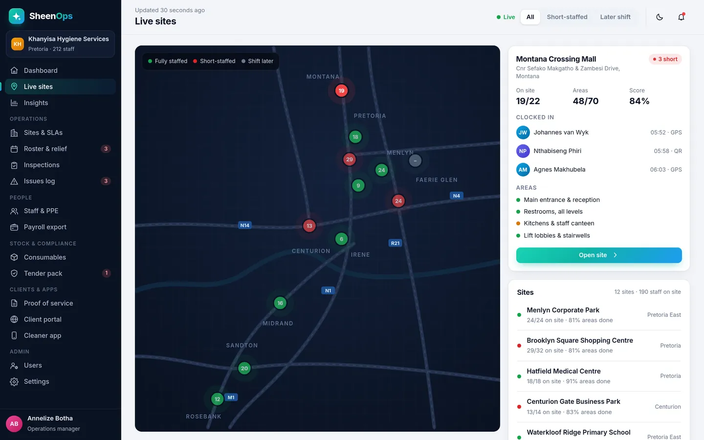Live sites map showing which cleaning sites are fully staffed or short-staffed