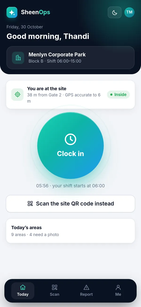 Cleaner app on a phone: clock in at the site with GPS or QR