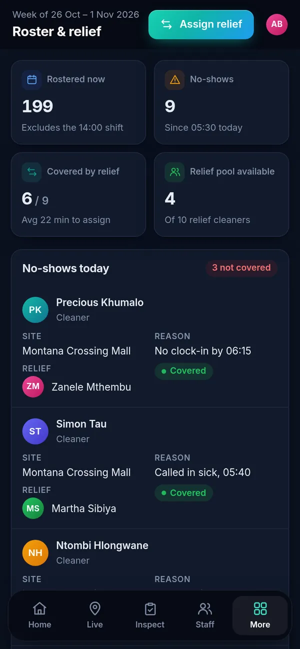 Roster and relief on a phone in dark mode