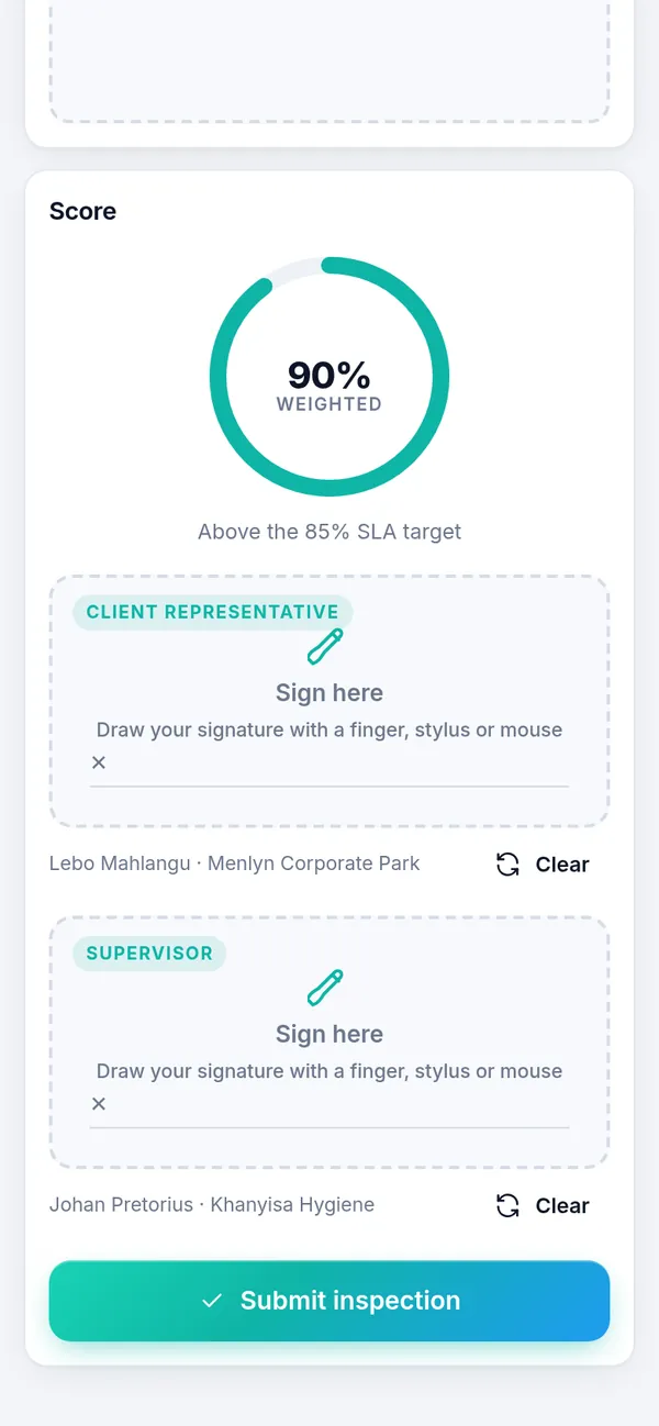 Inspection score with client and supervisor signatures on a phone
