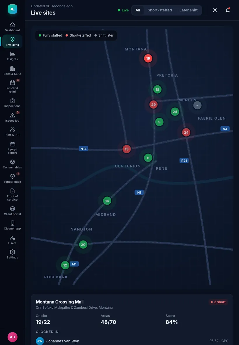 Live sites map on a tablet in dark mode